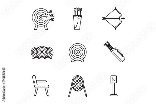 Set of archery equipment icons including targets, arrows, quiver, bow, and seating isolated on transparent background