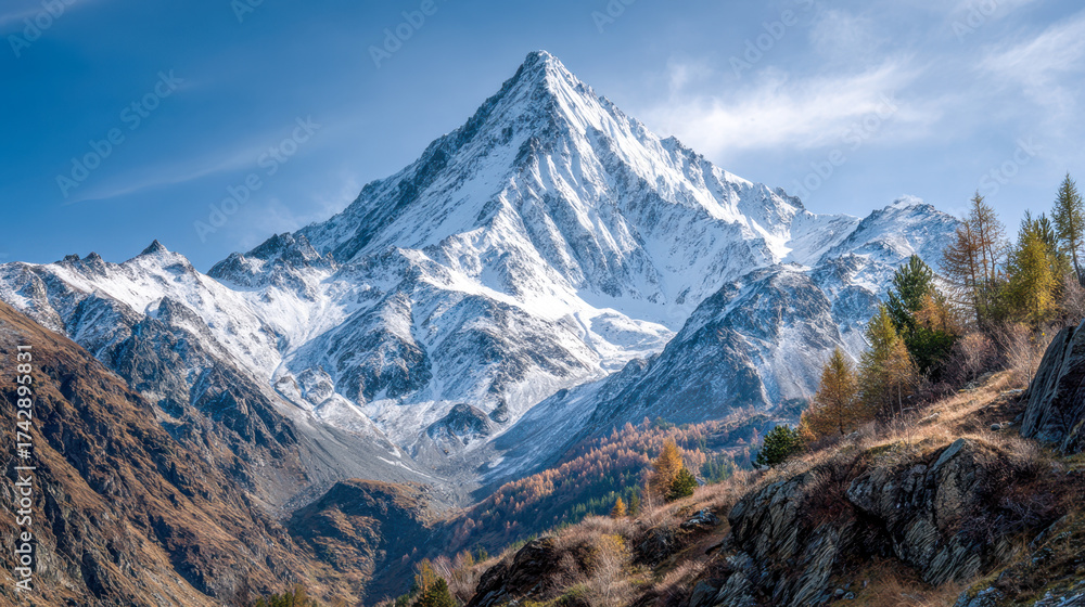 Fototapeta premium Stunning majestic snow-covered mountain peak towering over rugged rocky terrain with colorful autumn trees under a clear blue sky on a bright day