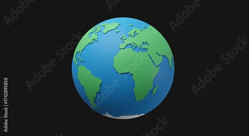 Realistic 3D illustration of the Earth with green continents and blue oceans on a dark black background, modern minimalistic style.