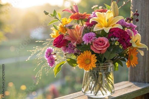 Colorful Bouquet of Fresh Flowers in Sunlight on a Garden Porch