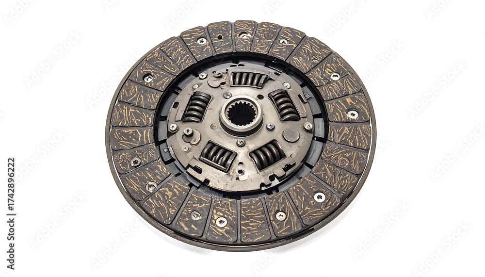 Naklejka premium Close-up of a vehicle's clutch disc, exhibiting a distinctive pattern and mechanical components.