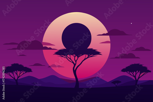 The silhouette of a lone tree stands against a night landscape with the moon glowing on the horizon where the sea meets the sky