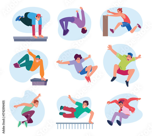 Parkour. Outdoor extreme sport activities exact urban active characters running and jumping