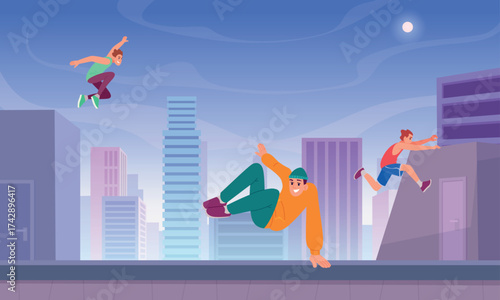 Parkour background. City landscape with active sport extreme athletes running and jumping exact vector cartoon background template