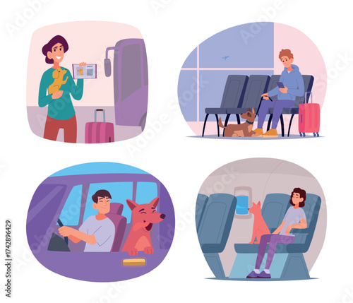 Travel with dog. Pets owners travelling with pets. Animals in cage boxes for journey adventures exact vector template