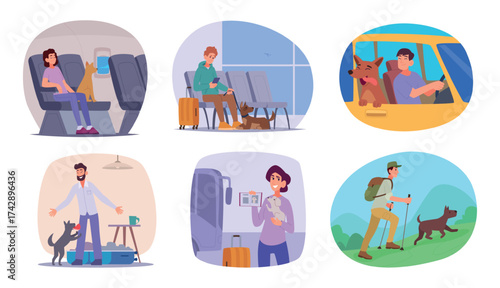 Travelling with animals. Happy travelling adventure with pets in cage box exact vector cartoon template
