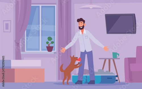Travel with pets. Animal owner going to trip adventure with animal cat or dog exact vector background