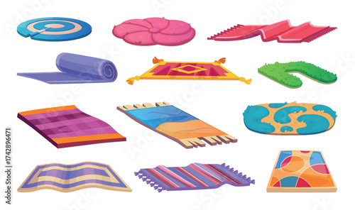 Wool carpets. Fabric textile cozy carpets collections exact vector house tools for room design