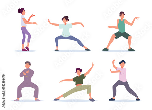 Tai chi. Chinese fighters traditional martial arts characters exact vector people in action poses