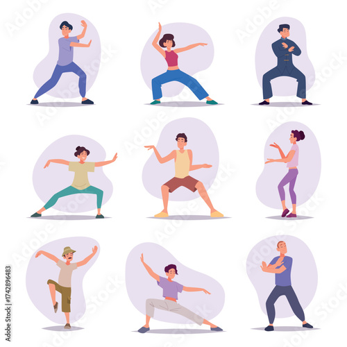 Tai chi. Chinese martial arts characters making different action scenes exact vector collection people