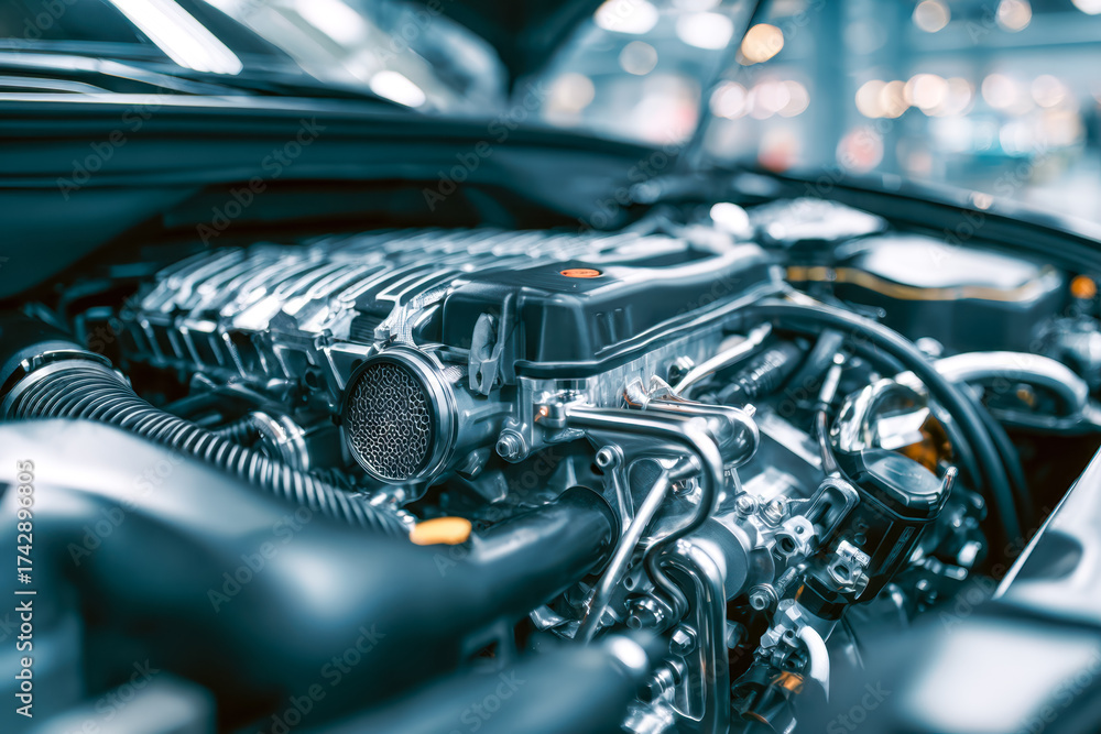 Fototapeta premium Close-up of a modern car engine showing detailed mechanical components