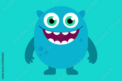A funny blue cartoon monster character illustration with a cute smile, like a comic alien or a baby elephant, that is a happy vector mascot drawing isolated for Halloween fun and art