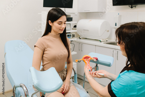 фотографія Gynecologist demonstrates contraceptive IUD insertion through cervical canal