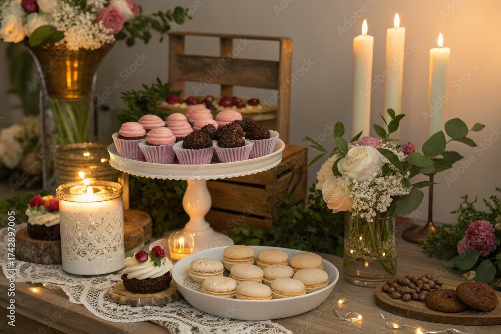 Naklejka premium Elegant Dessert Table With Cupcakes, Flowers, and Candles at a Celebration