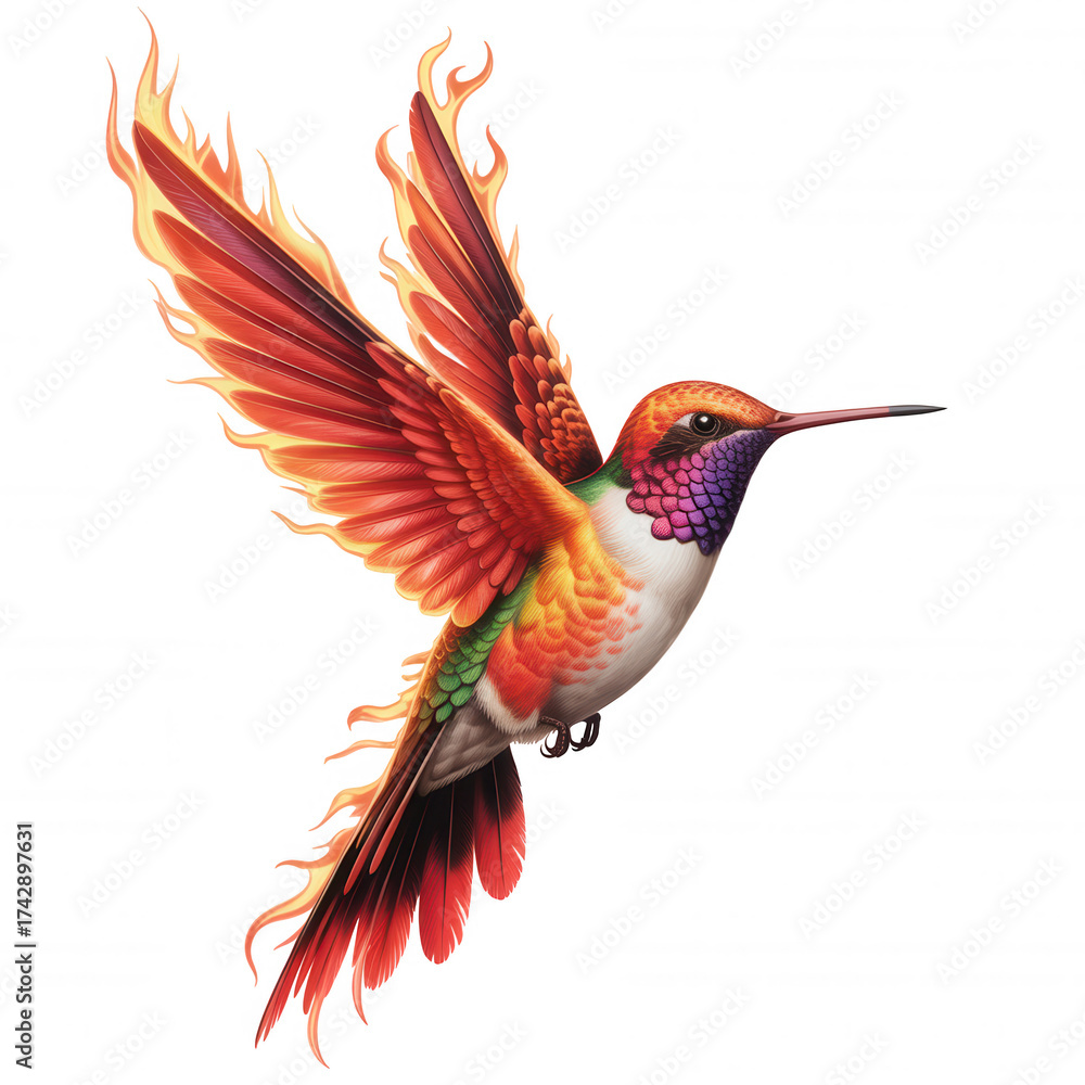 Obraz premium Fiery Hummingbird with Flame-Like Wings on transparent background Black Background