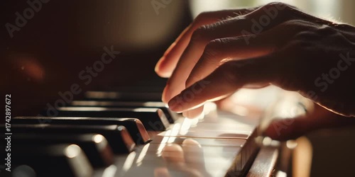 Close-up of fingers playing piano keys in soft light, photorealistic detail, minimal background, calming ASMR aesthetic