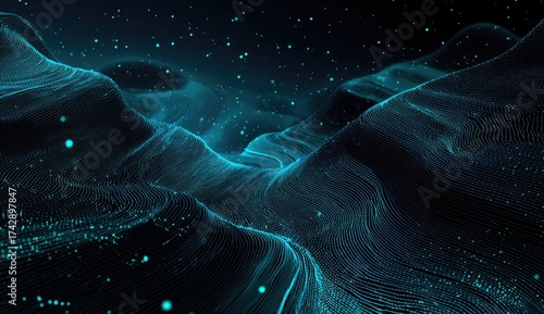 Abstract digital landscape of teal lines and points