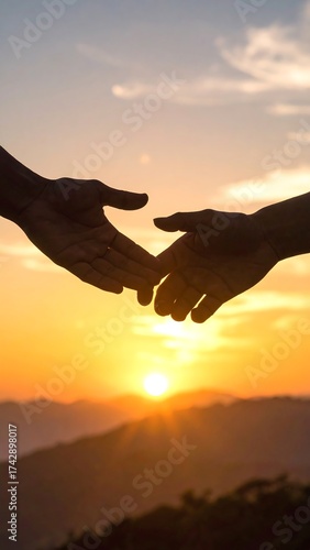 Hands reaching at sunset
