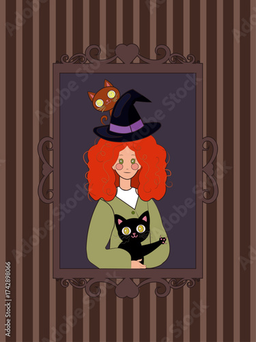 A framed painting on a striped wall depicting a red-haired witch and two cats. A painting with a wooden frame. Hand drawn vector illustration.