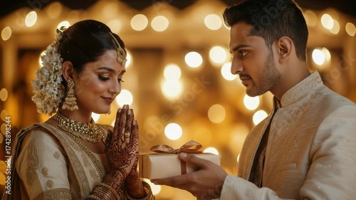 Diwali Day, Joyful Couple Celebrates Love with Traditional Gift Exchange During Festive Celebration Surrounded