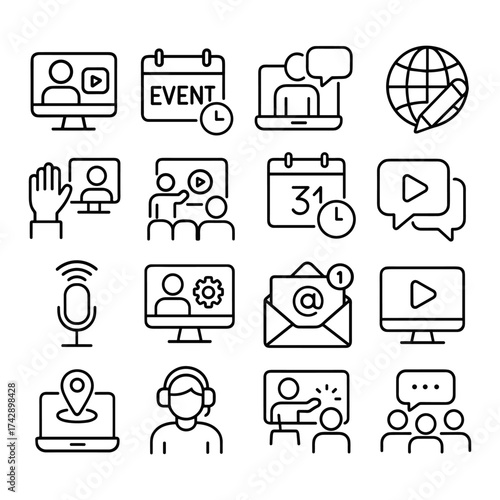 Virtual online event management icons. Outline symbols. Line design