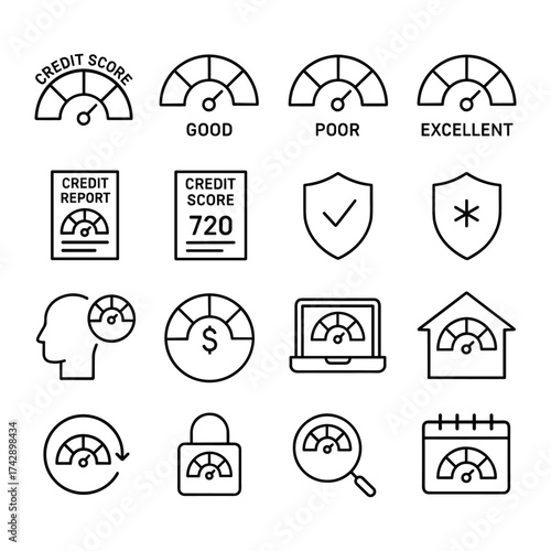 Banking credit assessment icon collection. Outline symbols. Line design