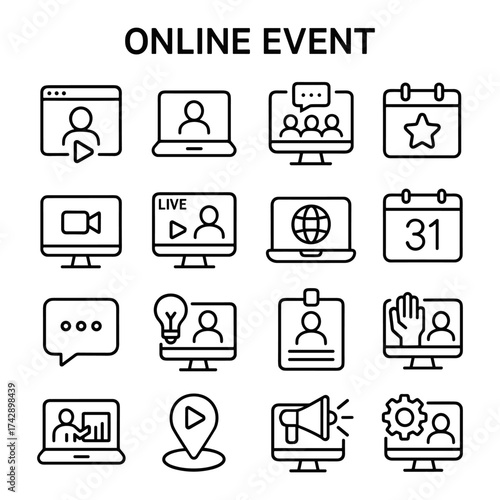 Digital conference webinar vector icons. Outline symbols. Line design