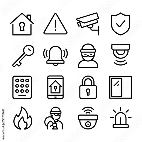 Property safety control icon collection. Outline symbols. Line design