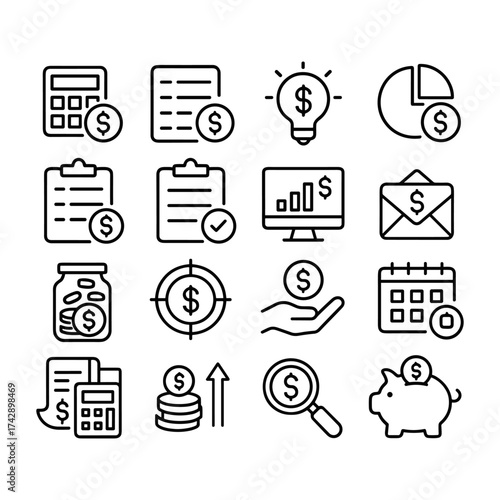 Money management vector icon collection. Outline symbols. Line design