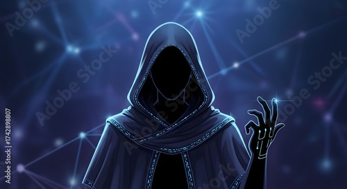 Mysterious hooded figure with glowing robotic hand in a digital network