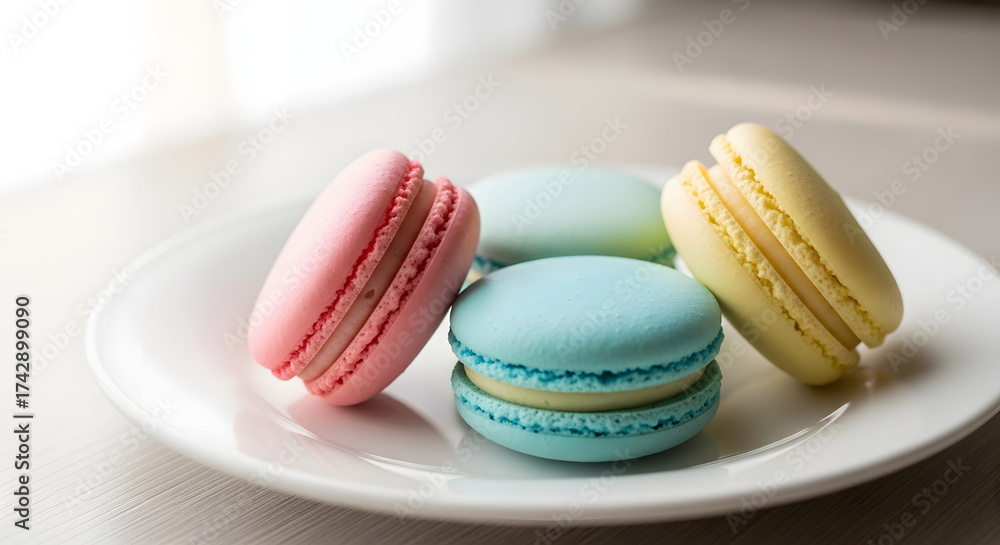 Fototapeta premium Colorful macarons on a white plate, pink, blue and yellow confectionery desserts