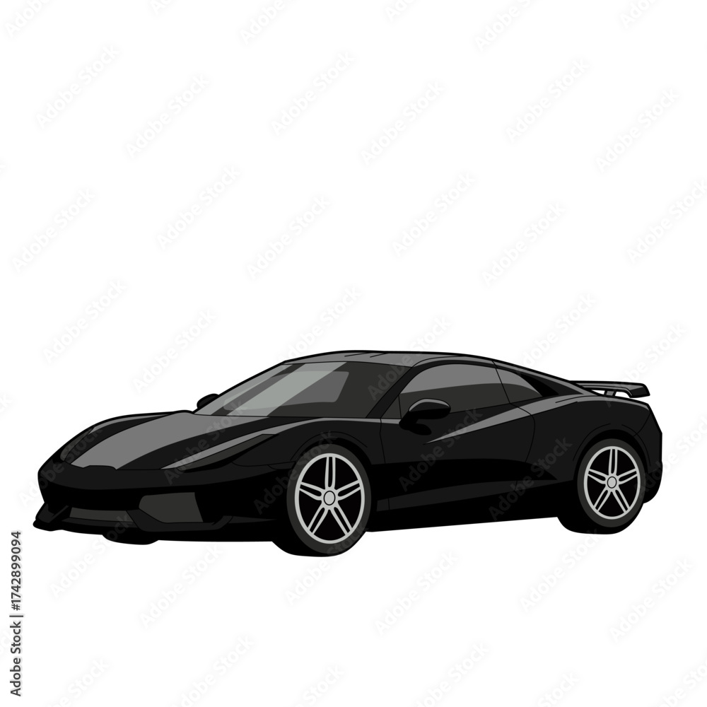 Naklejka premium Black luxury sports car illustration with elegant modern design. Stylish supercar ideal for automotive branding, racing artwork, futuristic transport, and speed performance concept
