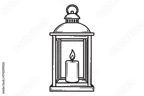 Classic oil lantern with a lit candle inside, isolated on transparent background