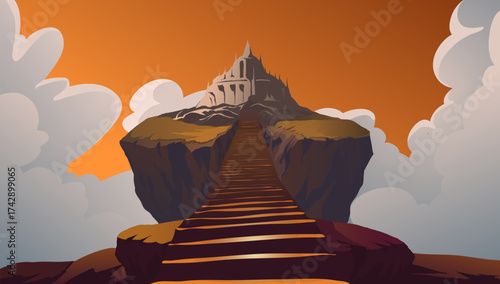 Vector illustration of a castle on a floating island connected by stone stairs and an orange sky and thick clouds in the background