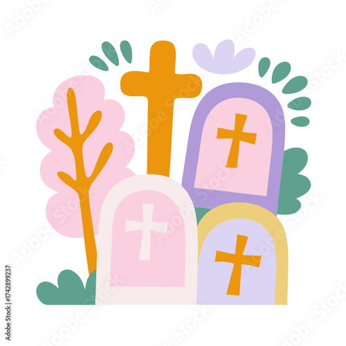 Colorful gravestones with crosses and foliage in Halloween drawing style  