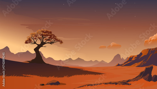 Vector illustration of peaceful orange meadow landscape with stone hill and big tree