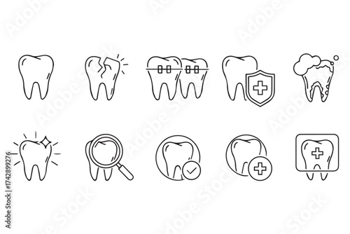 Collection of dental care icons, including healthy teeth, cracked teeth, braces, and dental checkup symbols, isolated on transparent background