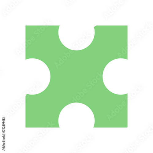 Flat green jigsaw puzzle silhouette. Isolated piece with tile design. Ideal for boardgame activity, play hobby, or children entertainment. Graphic style with simple playful concept, suitable for