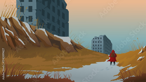 Vector illustration of an explorer in a red coat exploring an abandoned city through a snowy path