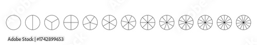 Segmented charts. Parts of diagram wheel from 1 to 13. Template of pie chart. Sectors divide the circle on equal parts. Coaching blank. Outline black graphics. Set of pie charts, pizza charts.