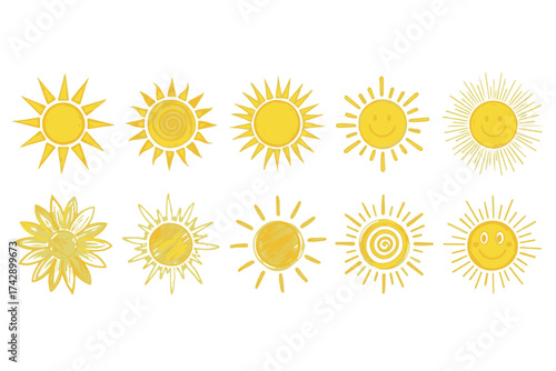 A vibrant collection of ten yellow sun illustrations with different styles and expressions, isolated on transparent background