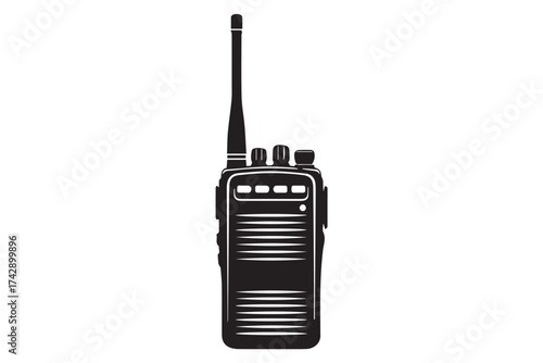 Black and white illustration of a portable twoway radio, isolated on transparent background