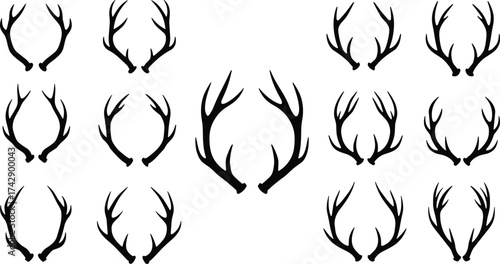 Silhouette deer antler collection, branching variations, zoological illustration, wildlife taxonomy, animal morphology, decorative design, biodiversity reference, nature art