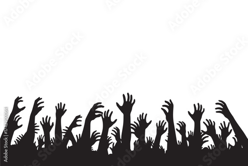 Silhouette of many hands reaching upwards against a transparent background, symbolizing a crowd or uprising