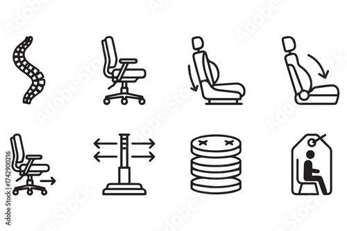 Collection of icons representing office chair features and adjustments isolated on transparent background