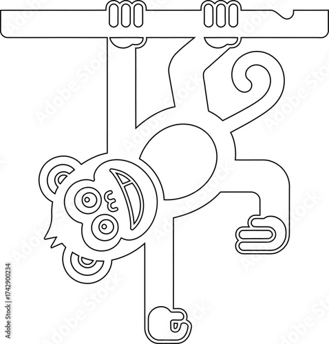 Funny monkey hanging upside down from a branch in simple line drawing