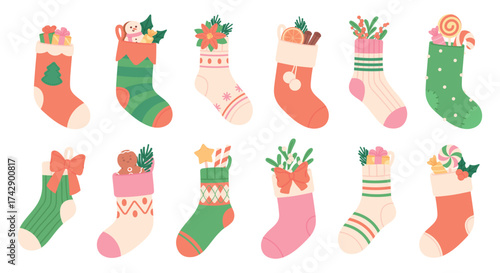 Christmas socks. Wool sock with xmas gifts, sweets and plants. New year home decorations for fireplace. Cartoon packing for presents, racy vector set