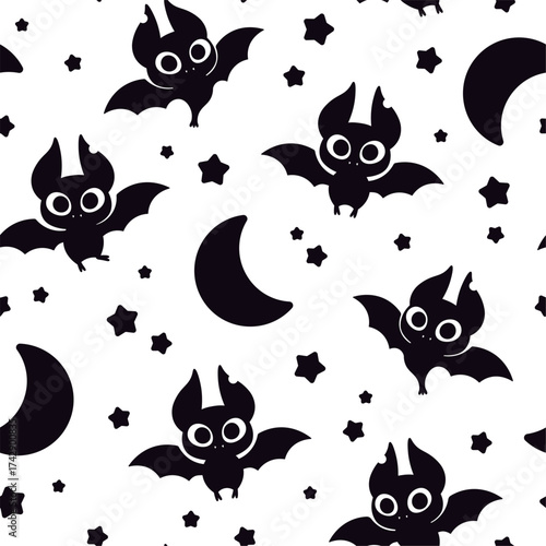 Black bats seamless pattern. Halloween children print design with bat and moon. Decorative template for fabric, wallpaper, wrapping, racy vector background
