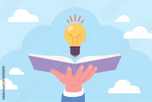 Ideas from book. Inspiration in books, knowledges and acquisition of new skills. Education, searching idea and creativity. Study racy vector concept