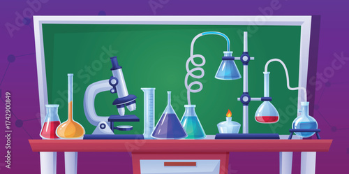 Cartoon chemical laboratory. Experimental chemistry or biology lab. Glass tubes, potions, test beakers. School classroom with chalkboard, nowaday vector scene